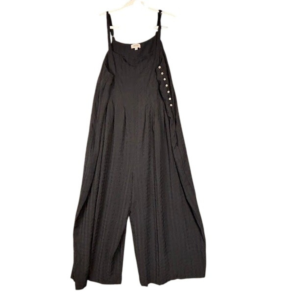 GiGiO Plus Black Textured Wide Leg Laken Jumpsuit XL Relaxed Side Button‎ Detail